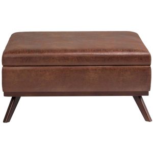 Simpli Home – Owen Square Mid-Century Modern Faux Air Leather Ottoman With Inner Storage – Distressed Saddle Brown