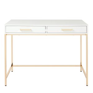 OSP Home Furnishings – Alios Desk with White Gloss Finish and Rose Gold Chrome Plated Base – White/Rose Gold