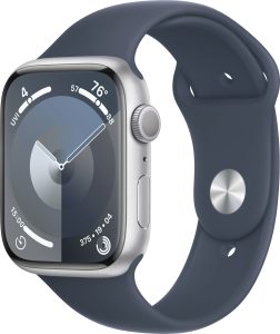 Apple Watch Series 9 GPS 45mm Aluminum Case with Storm Blue Sport Band  (Medium/Large) – Silver