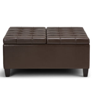 Simpli Home – Harrison 36 inch Wide Transitional Square Coffee Table Storage Ottoman in Faux Leather – Chocolate Brown