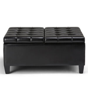 Simpli Home – Harrison 36 inch Wide Transitional Square Coffee Table Storage Ottoman in Faux Leather – Midnight Black