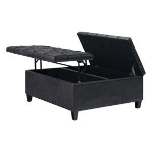 Simpli Home – Harrison 36 inch Wide Transitional Square Coffee Table Storage Ottoman in Faux Leather – Distressed Black