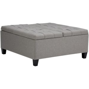 Simpli Home – Harrison 36 inch Wide Transitional Square Coffee Table Storage Ottoman in Dove Grey Linen Look Fabric – Dove Gray