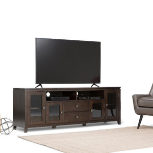 Simpli Home – Cosmopolitan Solid Wood 72 inch Wide Contemporary TV Media Stand For TVs up to 80 inches – Mahogany Brown