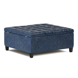 Simpli Home – Harrison 36 inch Wide Transitional Square Coffee Table Storage Ottoman in Faux Leather – Denim Blue