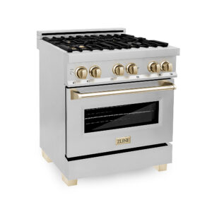 ZLINE – Dual Fuel Range with Gas Stove and Electric Oven – Stainless Steel with Polished Gold Accents