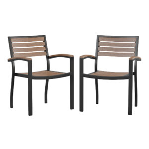 Alamont Home – Lark Set of 2 Stackable All-Weather Black Aluminum Patio Chairs with Faux Slats – Teak