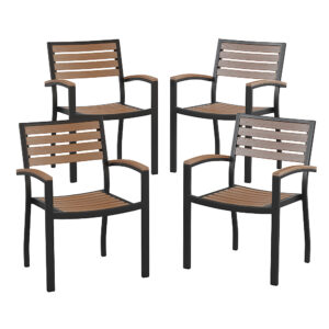 Alamont Home – Lark Set of 4 Stackable All-Weather Black Aluminum Patio Chairs with Faux Slats – Teak