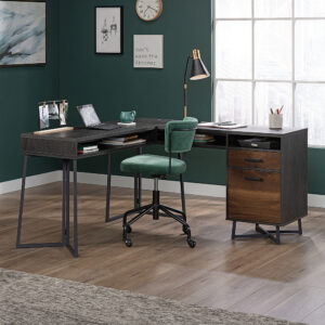 Sauder – Canton Lane L-Shaped  Metal Base Computer Desk – Brew Oak