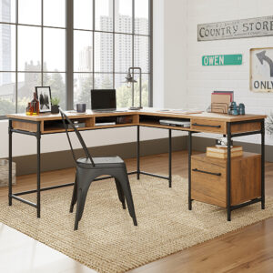 Sauder – Iron City L Desk Checked Oak – SGS Mixed Mat Checked Oak