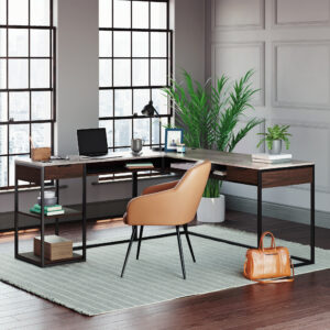 Sauder – International Lux L-Desk Deco Stone – Umber Wood