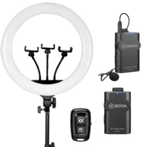 Sunpak – Premium Series 18 Inch Bi-Color Ring Light Kit with BOYA Wireless Microphone and Bluetooth Remote